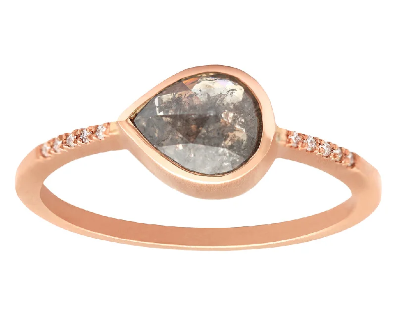 Elevate Your Jewelry Collection With Limited-Time Savings 0.67ct Pear Rose-cut Grey Diamond & Rose Gold Pavé Bezel Ring