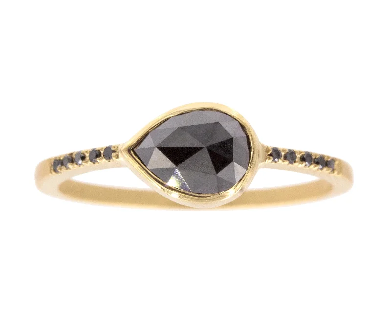 Flash Sale On Exquisite Jewelry – Don't Miss Out 0.83ct Pear Rose-cut Black Diamond & Yellow Gold Pavé Bezel Ring
