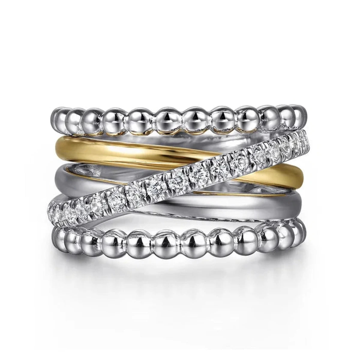 Limited-Time Offer On Premium Jewelry Collections 14K Y Gold and SS 0.48ctw White Sapphire Interlocking Beaded Ring Limited-Time Offer On Premium Jewelry Collections 14K Y Gold and SS 0.48ctw White Sapphire Interlocking Beaded Ring