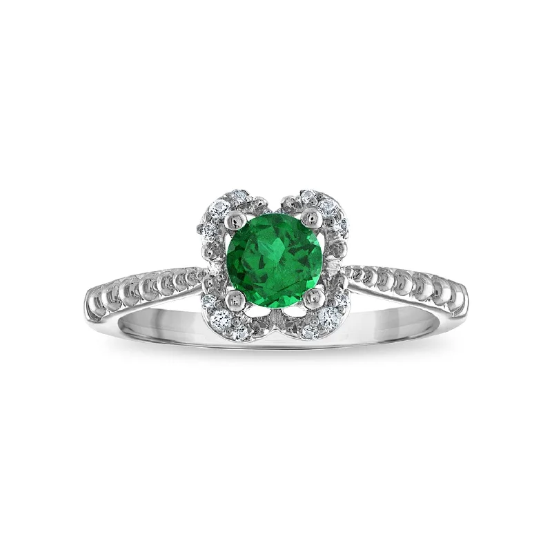 Elegant Jewelry Pieces At Unbelievable Prices 5MM Round Emerald and White Sapphire Birthstone Flower Halo Ring in Sterling Silver