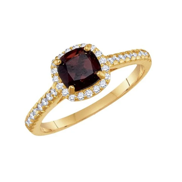 Shop Stylish Jewelry Now And Save Big 6MM Cushion Garnet and White Sapphire Birthstone Ring in 10KT Yellow Gold