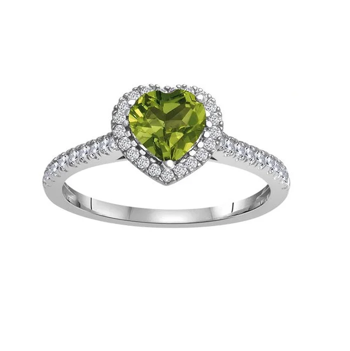 Flash Sale On Stunning Jewelry – Don't Miss Out 6MM Heart Shape Peridot and White Sapphire Birthstone Heart Ring in 10KT White Gold