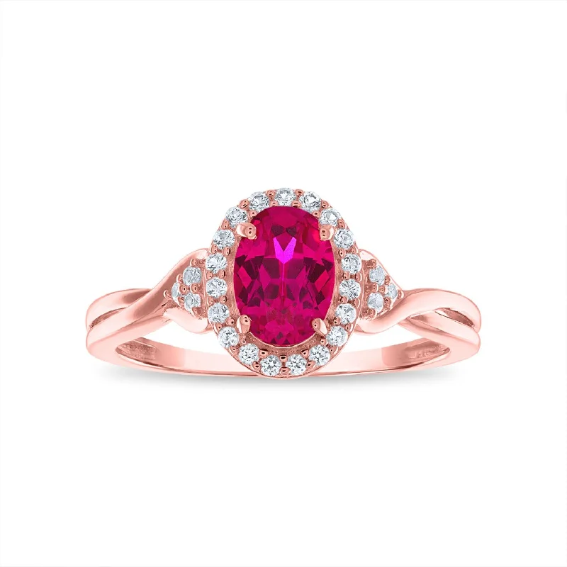 Best Jewelry Sale – Shop Exclusive Designs Now 7X5MM Oval Ruby and White Sapphire Birthstone Halo Ring in 10KT Rose Gold