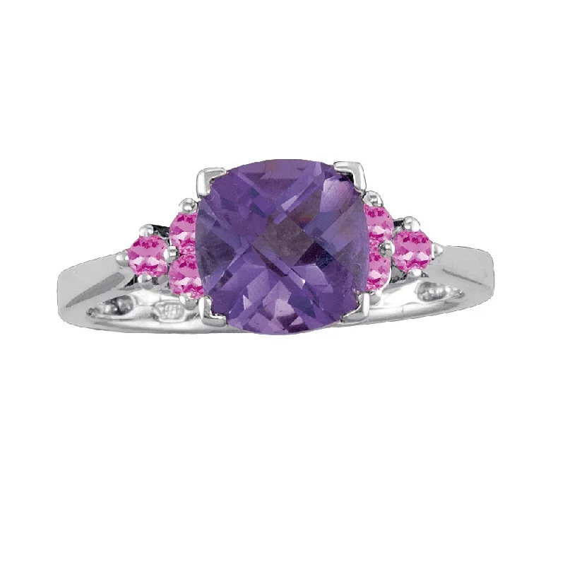 Jewelry Clearance – Final Chance To Save Big 8MM Cushion Amethyst and Pink Sapphire Ring in Sterling Silver
