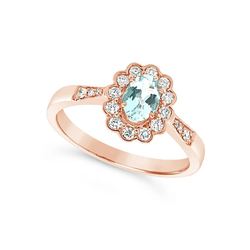 Aquamarine and Diamond Halo Ring