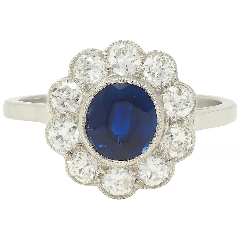 Clearance Sale On High-End Jewelry Collections Art Deco 2.15 CTW Sapphire Diamond Platinum Vintage Halo Ring