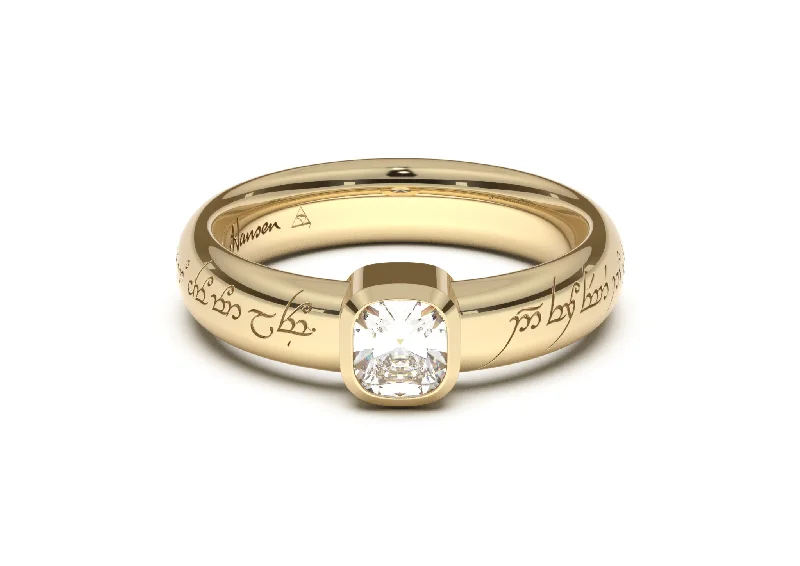 Affordable Glamour – Premium Jewelry For Less Cushion Modern Elvish Engagement Ring, Yellow Gold