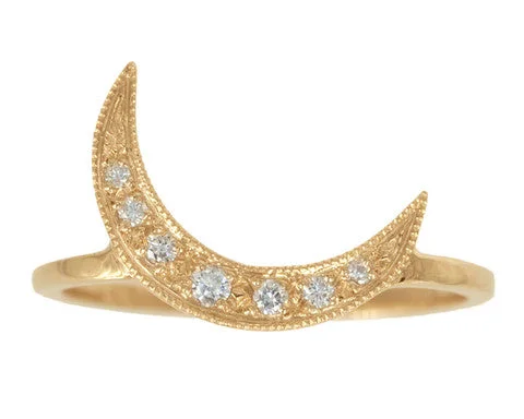 Grab Stylish Jewelry Before The Sale Ends Yellow Gold & White Diamond Crescent Moon Ring