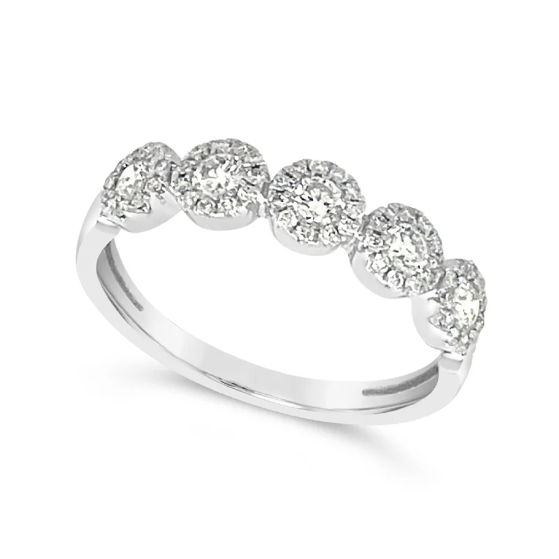 Shop Handcrafted Jewelry At Special Promotional Rates Five Diamond and Diamond Halo Design Ring