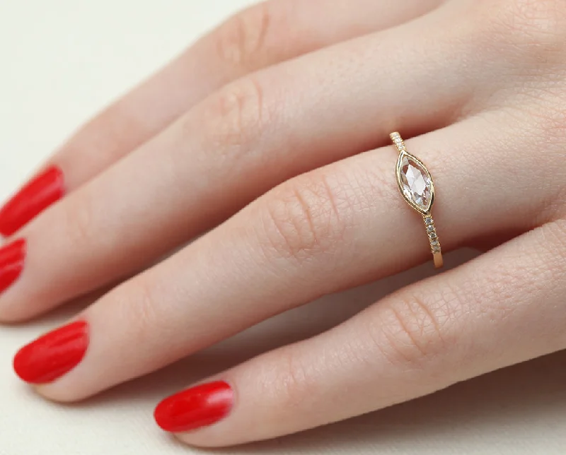 Shop Stylish Jewelry Now And Save Big 0.50ct Marquise White Rose-cut Diamond & Yellow Gold Pavé Bezel Ring