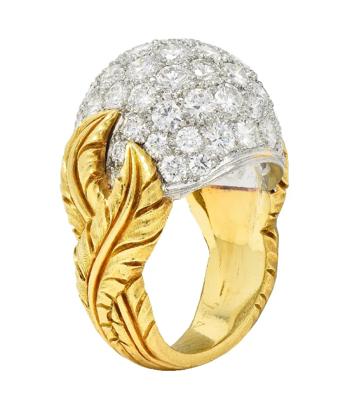 Mid-Century 4.80 CTW Diamond Platinum 18 Karat Yellow Gold Vintage Dome Feather Ring