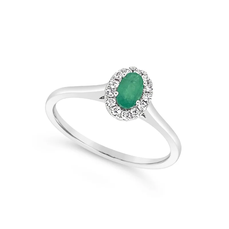 Stunning Statement Jewelry, Unbeatable Discounts Oval Emerald and Diamond Halo Ring