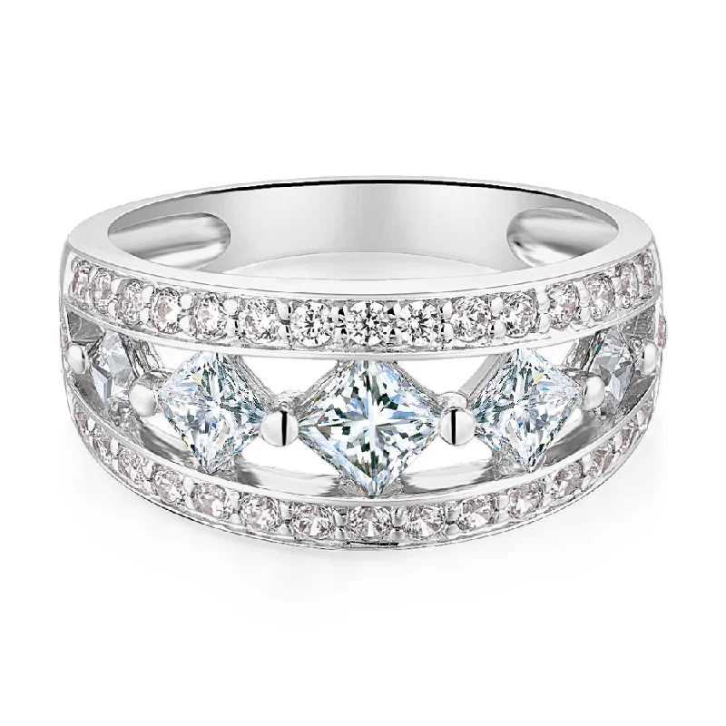 Shop Dazzling Jewelry At The Best Prices Princess Cut and Round Brilliant Dress ring with 1.71 carats* of diamond simulants in 10 carat white gold Shop Dazzling Jewelry At The Best Prices Princess Cut and Round Brilliant Dress ring with 1.71 carats* of diamond simulants in 10 carat white gold