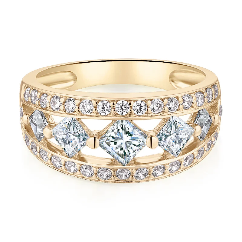 Trending Jewelry Styles Now At Limited-Time Discounts Princess Cut and Round Brilliant Dress ring with 1.71 carats* of diamond simulants in 10 carat yellow gold Trending Jewelry Styles Now At Limited-Time Discounts Princess Cut and Round Brilliant Dress ring with 1.71 carats* of diamond simulants in 10 carat yellow gold
