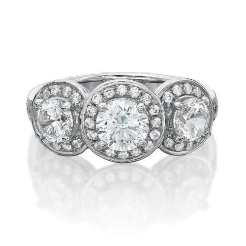 Your Dream Jewelry At Dream Prices – Shop Now Round Brilliant Cut Halo Three Stone Ring with Side Stones in White Gold Your Dream Jewelry At Dream Prices – Shop Now Round Brilliant Cut Halo Three Stone Ring with Side Stones in White Gold