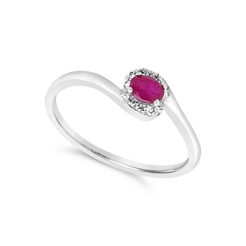 Fashion-Forward Geometric Jewelry For Contemporary Style Ruby and Diamond Halo Bypass Design Ring Fashion-Forward Geometric Jewelry For Contemporary Style Ruby and Diamond Halo Bypass Design Ring