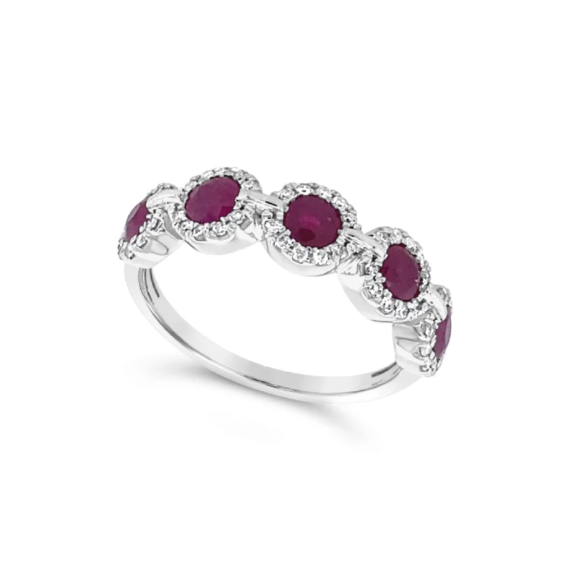 Dainty Floral Jewelry For Feminine Elegance Ruby and Diamond Halo Tapered Ring