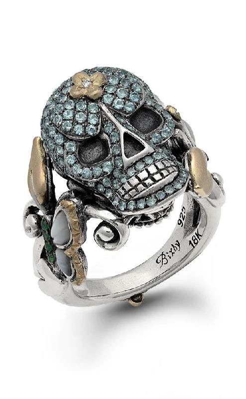 High-Quality Jewelry At A Fraction Of The Cost Someday Skull Ring – Diamond, Blue Topaz, Tsavorite & White Mother of Pearl