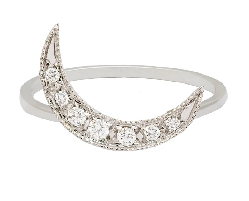 Discounted Luxury Jewelry – Shine Without The Splurge White Diamond Crescent Moon & White Gold Ring