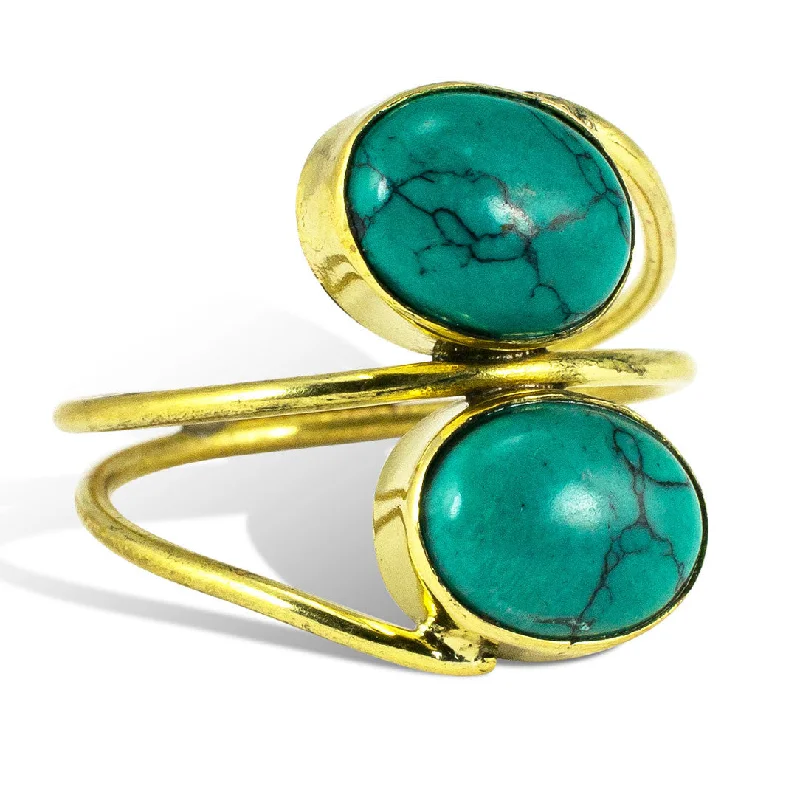 Fashion-Forward Jewelry At Incredible Prices <span>RBR-011<span>: </span></span>Wrapped Double Turquoise Ring - Brass