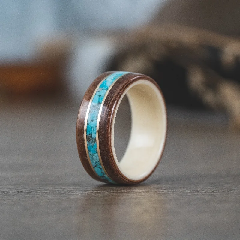 Unmissable Jewelry Sale – Shop Before It's Too Late (In-Stock) Antique Walnut Wood Ring, Holly Liner, Center Turquoise & Dual Brass - Size 6 | 7mm Wide