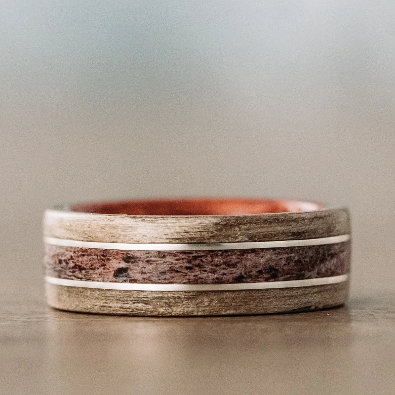 Everyday Jewelry Essentials Now On Sale (In-Stock) Custom Louisiana Bogwood Wedding Band with Walnut Wood Liner, Elk Antler, & Dual Silver Inlays - Size 9.5 | 8mm Wide