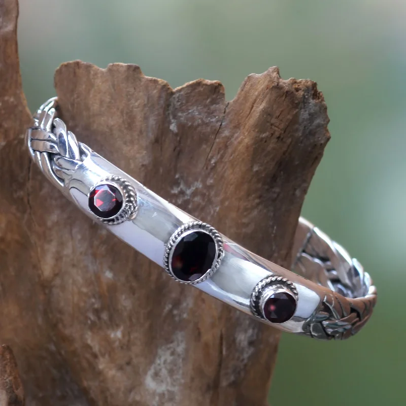 Three Guardians Braided Sterling Silver Cuff Bracelet with Three Garnets