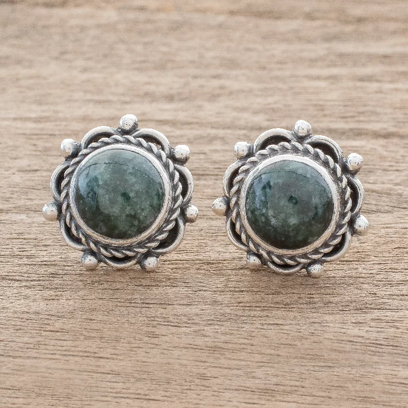 Bohemian-Inspired Jewelry For Free-Spirited Fashion Antigua Sun Dark Green Jade Button Earrings from Guatemala Bohemian-Inspired Jewelry For Free-Spirited Fashion Antigua Sun Dark Green Jade Button Earrings from Guatemala