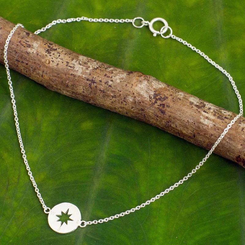 Fine Jewelry, Limited-Time Offers Available Compass Handcrafted Brushed Sterling Silver Anklet from Thailand