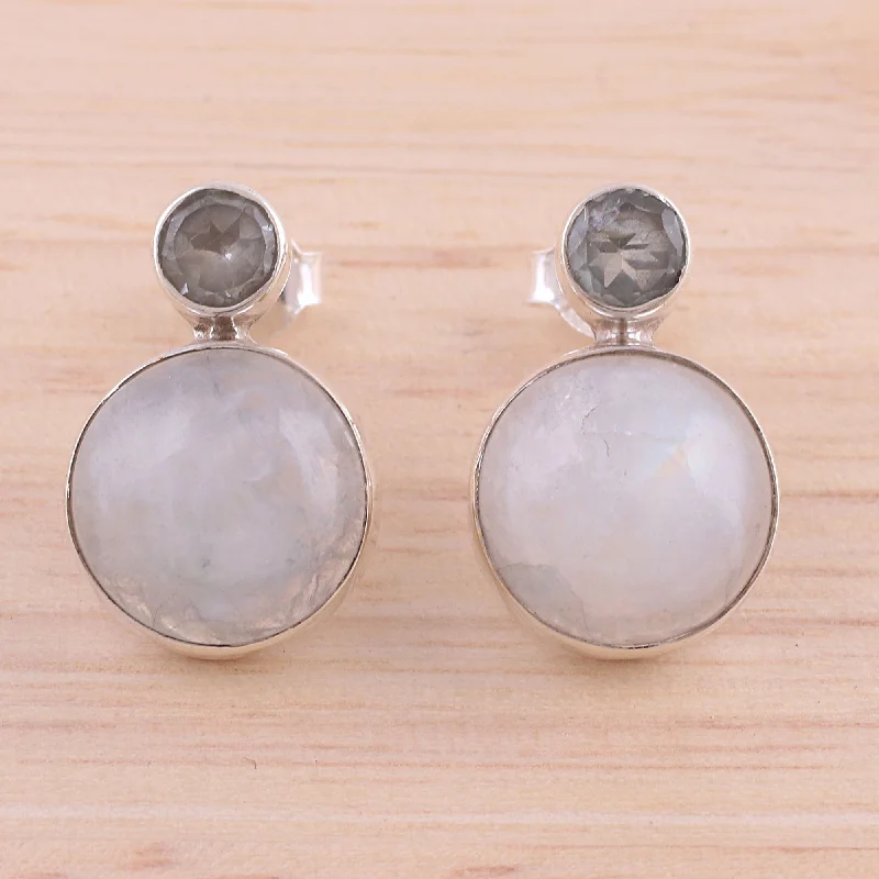 Chic, Trendy, And Affordable Jewelry Sale Delhi Diva Rainbow Moonstone and Blue Topaz Drop Earrings from India Chic, Trendy, And Affordable Jewelry Sale Delhi Diva Rainbow Moonstone and Blue Topaz Drop Earrings from India