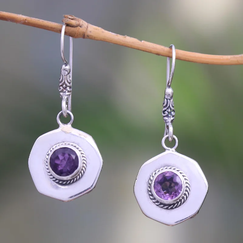 Shop Stylish Jewelry Now And Save Big Gleaming Lanterns Circular Amethyst Dangle Earrings from Bali Shop Stylish Jewelry Now And Save Big Gleaming Lanterns Circular Amethyst Dangle Earrings from Bali