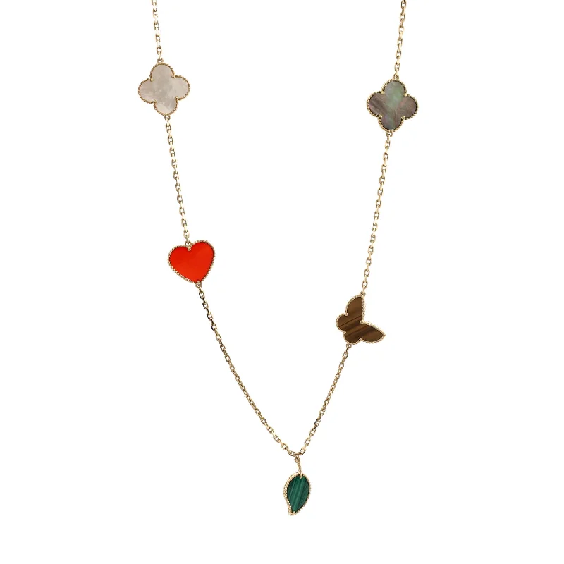 Your Perfect Accessory Now At The Best Price Lucky Alhambra 12 Motifs Necklace 18K Yellow Gold with Carnelian, Malachite, Mother of Pearl and Tiger Eye