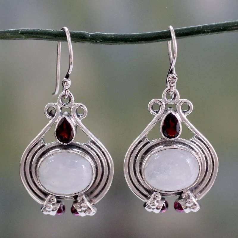 Customized Silver Jewelry For Unique Style Mysterious Mist Handmade Rainbow Moonstone and Garnet Earrings Customized Silver Jewelry For Unique Style Mysterious Mist Handmade Rainbow Moonstone and Garnet Earrings