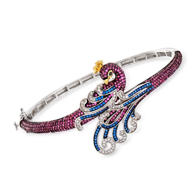 Unique Jewelry For Less – Shop The Sale Now Ross-Simons Simulated Ruby, . Simulated Sapphire and . Black and White CZ Peacock Bangle Bracelet in Sterling Silver