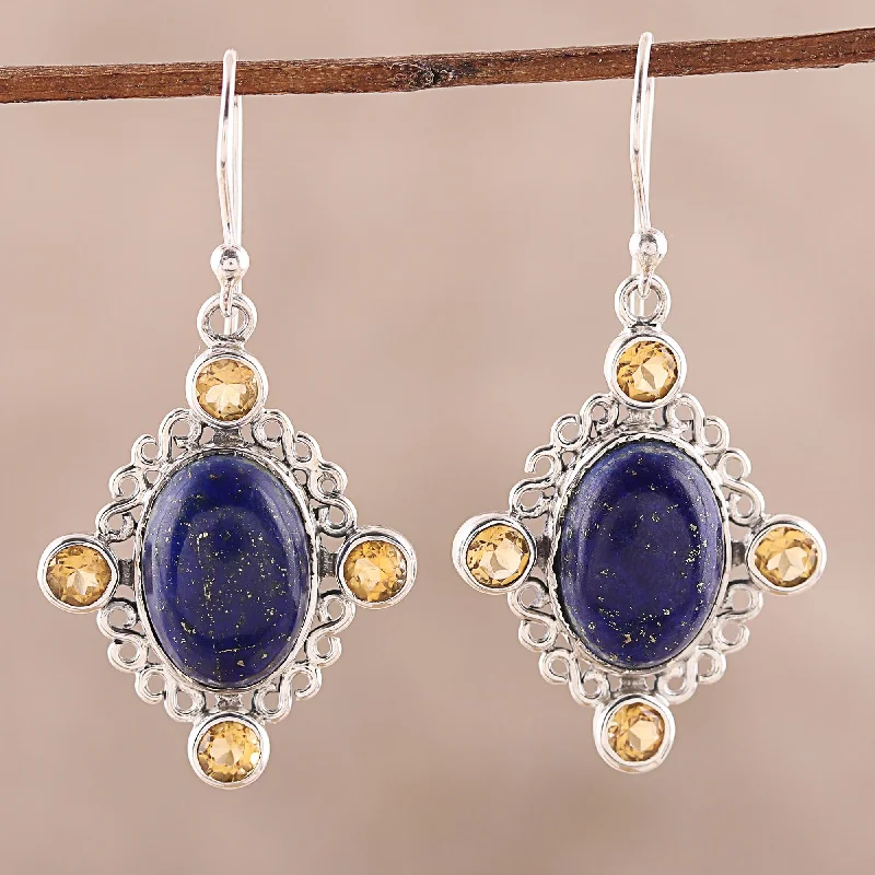 Shop Dazzling Jewelry At The Best Prices Royal Frame Lapis Lazuli and Citrine Dangle Earrings from India Shop Dazzling Jewelry At The Best Prices Royal Frame Lapis Lazuli and Citrine Dangle Earrings from India