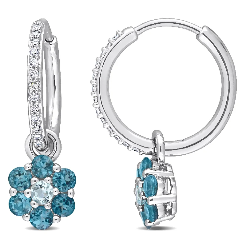 Delicate Crystal Jewelry For Sophisticated Charm 1 1/10 CT TGW London and Sky Blue Topaz and 1/8 CT TDW Diamond Floral Huggie Earrings in 10k White Gold Delicate Crystal Jewelry For Sophisticated Charm 1 1/10 CT TGW London and Sky Blue Topaz and 1/8 CT TDW Diamond Floral Huggie Earrings in 10k White Gold