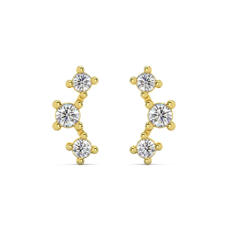 1/5Ct TW 3-Stone Diamond Crawler Earrings 14k Gold Studs Lab Grown 1/3" Tall