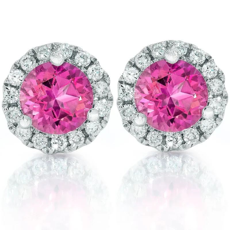 Huge Savings On Timeless Jewelry Collections 1ct Pink Topaz & Diamond Halo Studs 10K White Gold Huge Savings On Timeless Jewelry Collections 1ct Pink Topaz & Diamond Halo Studs 10K White Gold