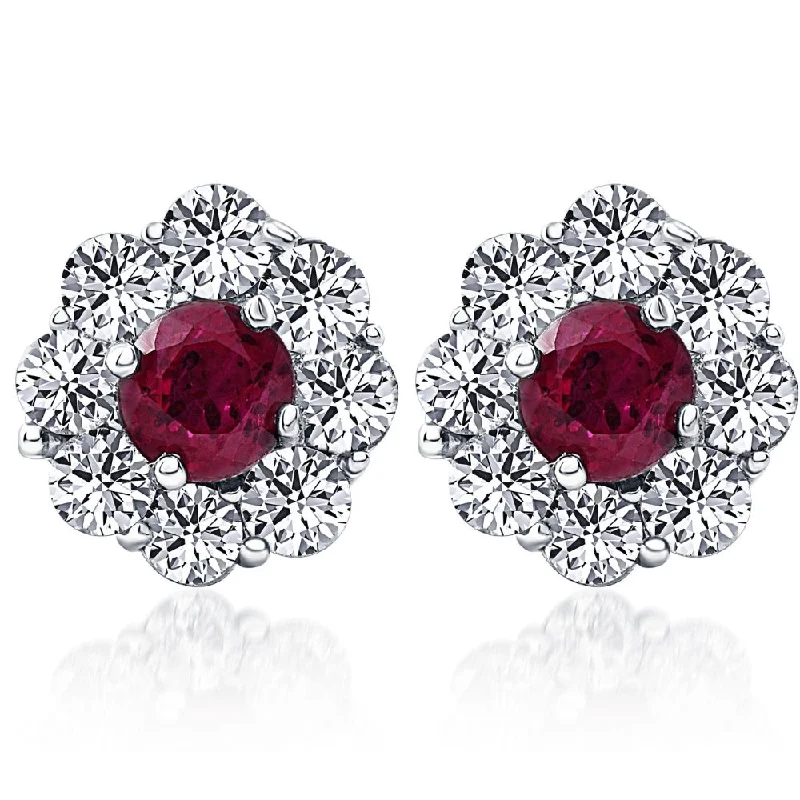 Dainty Floral Jewelry For Feminine Elegance 2 1/2ct Genuine Ruby & Diamond Halo Studs Earrings 14K White Gold Dainty Floral Jewelry For Feminine Elegance 2 1/2ct Genuine Ruby & Diamond Halo Studs Earrings 14K White Gold