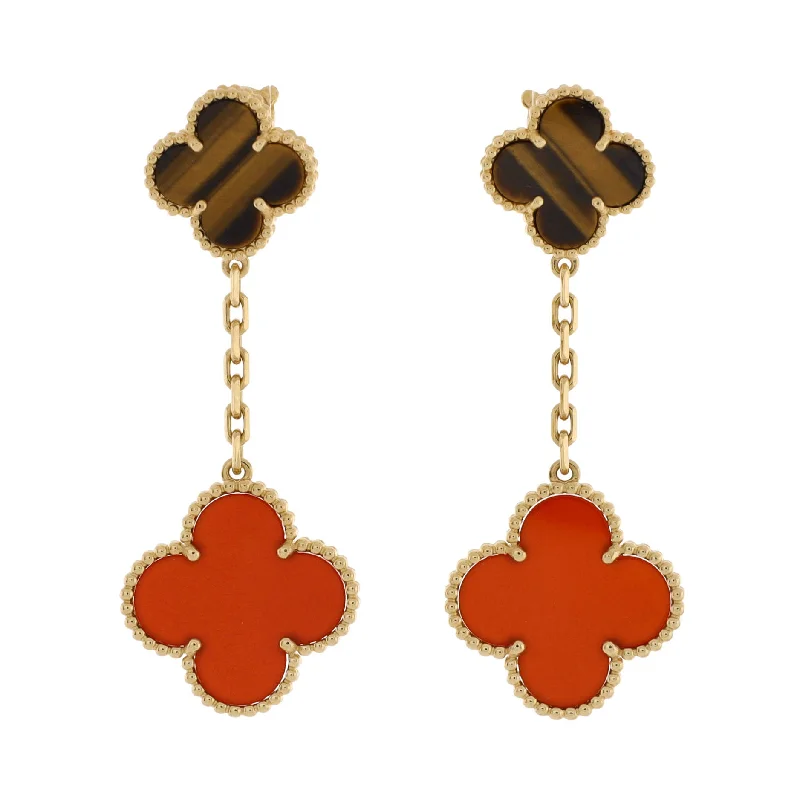 Jewelry Sale Alert – Shop Timeless Elegance Today Magic Alhambra 2 Motifs Drop Earrings 18K Yellow Gold with Tiger's Eye and Carnelian