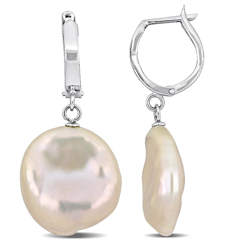 Mimi & Max 16.5-17mm Cultured Freshwater Pink Coin Pearl Hoop Earrings in 14k White Gold