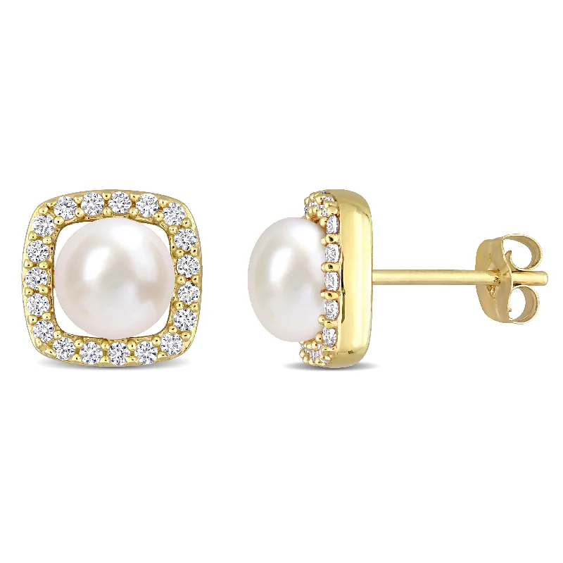 Mimi & Max 6-6.5mm Cultured Freshwater Pearl and 3/8ct TGW Created White Sapphire Halo Earrings in 10k Yellow Gold