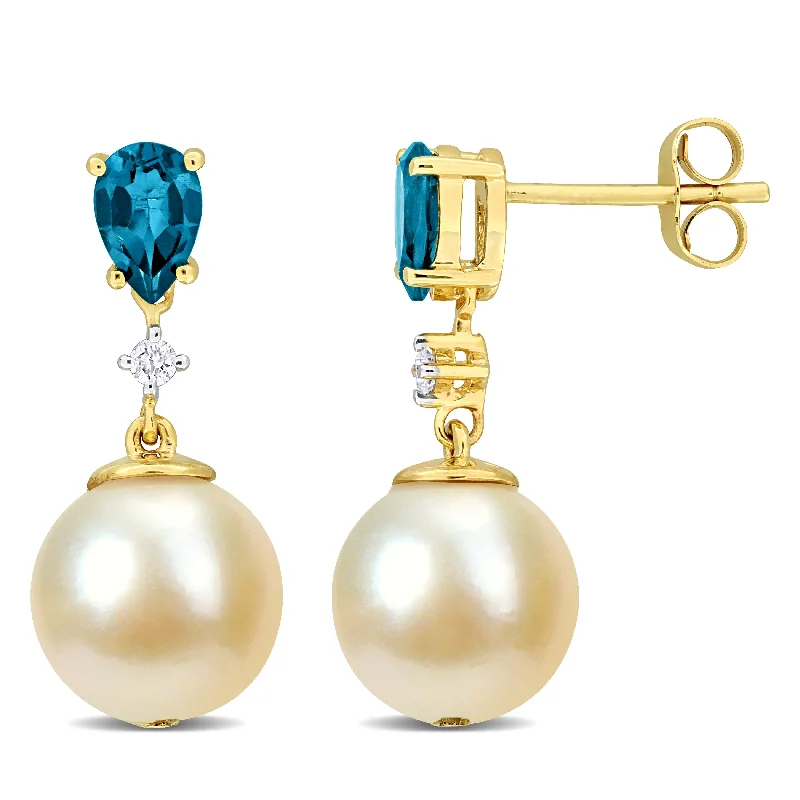 Mimi & Max 8.5-9.0mm Golden South Sea Cultured Pearl Diamond Accent Drop Earrings with Blue Topaz in 14k Yellow Gold