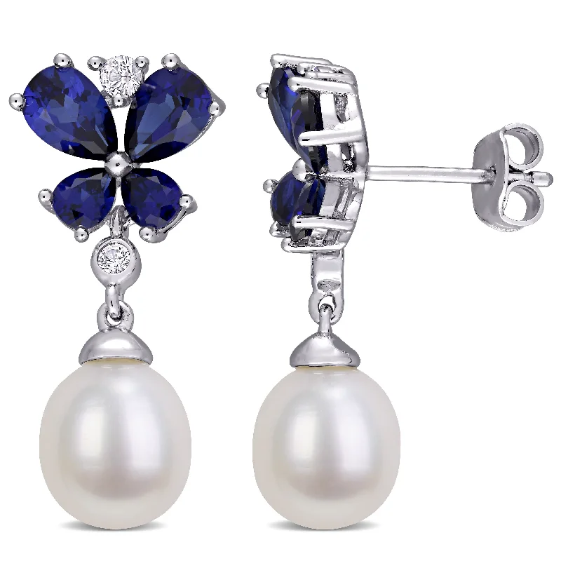 Best Jewelry Sale Prices – Limited-Time Offer Mimi & Max 8-8.5mm Cultured Freshwater Pearl Created Blue & White Sapphire Butterfly Earrings in Sterling Silver