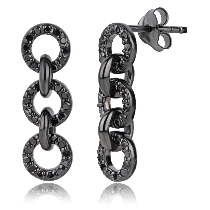 Real Black Diamond Chain Link Drop Earrings in Sterling Silver