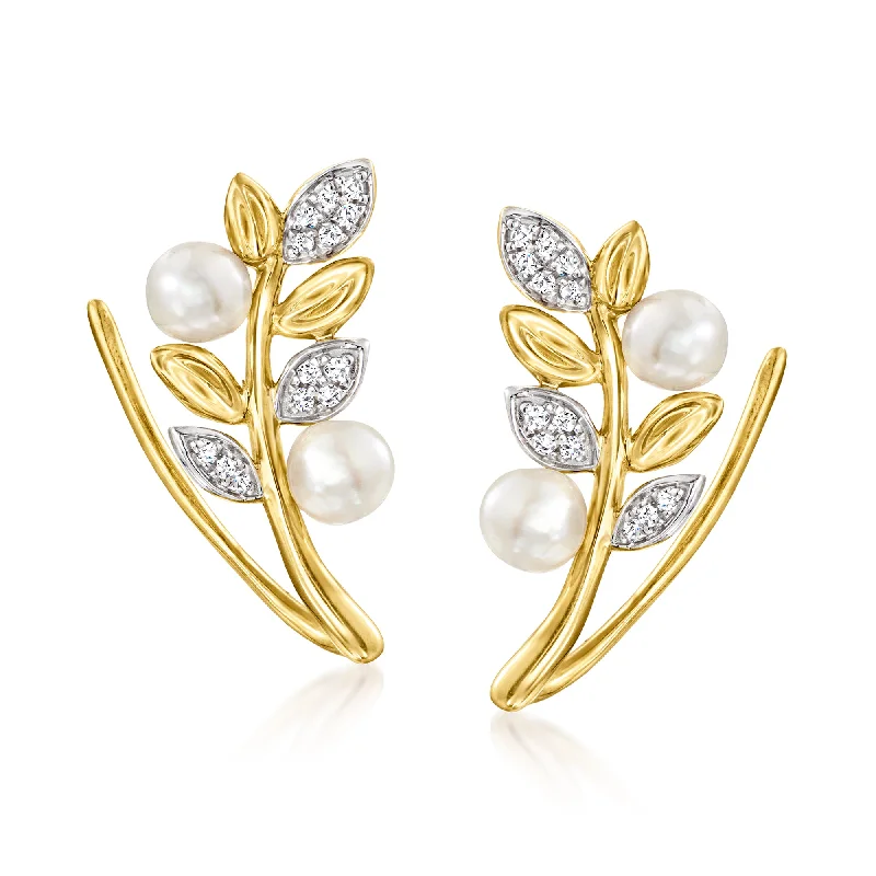 Ross-Simons 3.5-4mm Cultured Pearl Leaf Ear Climbers With Diamond Accents in 14kt Yellow Gold