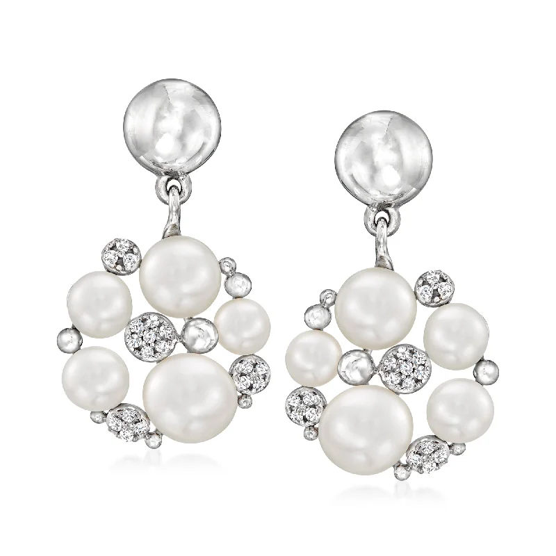 Ross-Simons 3.5-6.5mm Cultured Pearl and . Diamond Drop Earrings in Sterling Silver