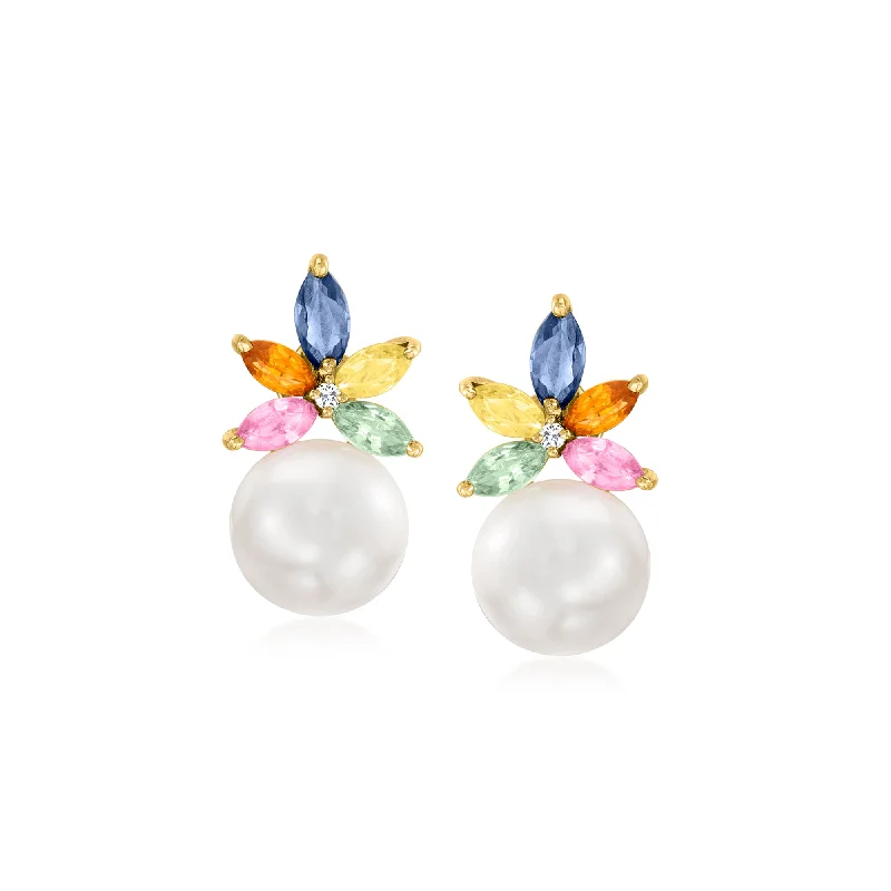 Dainty Floral Jewelry For Feminine Elegance Ross-Simons 7-7.5mm Cultured Pearl and Multicolored Sapphire Drop Earrings With Diamond Accents in 14kt Yellow Gold Dainty Floral Jewelry For Feminine Elegance Ross-Simons 7-7.5mm Cultured Pearl and Multicolored Sapphire Drop Earrings With Diamond Accents in 14kt Yellow Gold