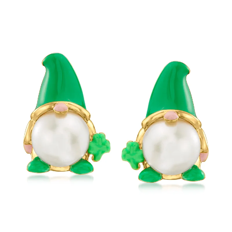 Ross-Simons 8-8.5mm Cultured Pearl and Green Enamel St. Patrick's Day Gnome Earrings in 18kt Gold Over Sterling