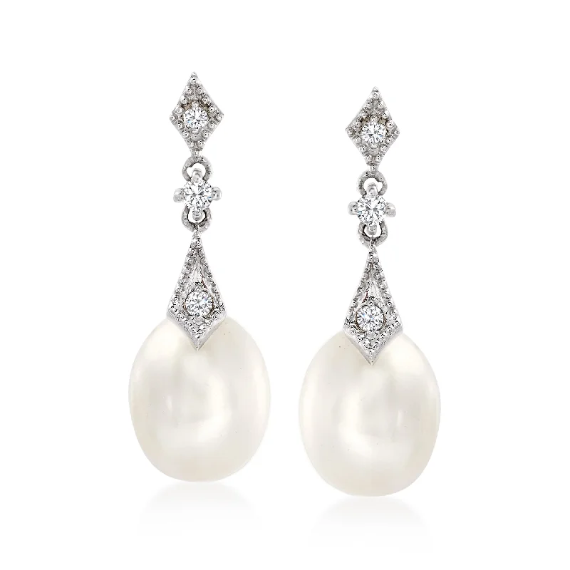 Ross-Simons 8mm Cultured Pearl and . Diamond Drop Earrings in 14kt White Gold